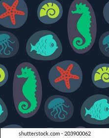 Vector pattern with sea live. Underwater life, wildlife ocean animals.Shell, octopus, fish, sea horse.
