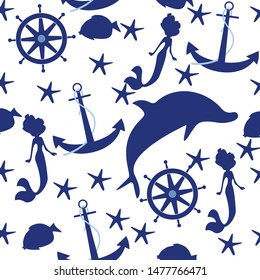 
Vector pattern sea, mermaids, dolphin, anchor, helm, fish. Blue background