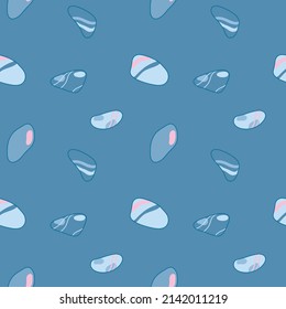 Vector pattern with sea pebbles in cartoon style, stones, cubes, geometric shapes. Children's illustration for postcards, posters, pajamas, fabrics