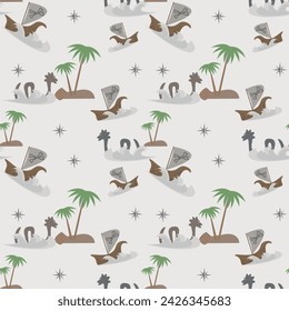 vector pattern, sea, pirate ship, sea monster, island, gray background