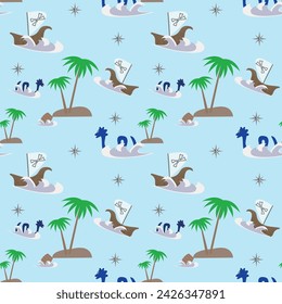 vector pattern, sea, pirate ship, sea monster, island,  blue background