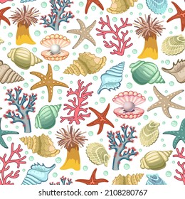 Vector pattern with sea shellfish.Shells, corals, mollusks on a transparent background in a color vector pattern.