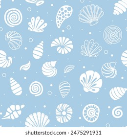 Vector Pattern with Sea Shells on light blue Background. Hand drawn backdrop with Sea Shells for wrapping paper or textile design. 