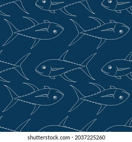 Vector pattern of sea tuna. Seamless pattern of a sketch drawn in the style of a whole sea tuna, side view, white isolated outline on a closely blue background for a label packaging design template