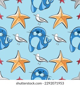 Vector pattern of seals, starfish and seagulls in cartoon comic style.