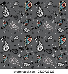 padrão de vetor, sem emenda por toda parte, vintage paisley, fundo cinza, preto e branco, desenhado à mão, para moda e arte, joias, flores de estilo indiano.