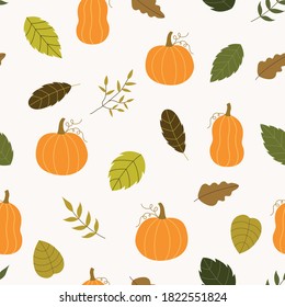 Vector pattern Seamless background orange pumpkins with autumn leaves Hand drawn design suitable for print, wallpaper.