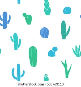 Vector pattern seamless background with various cactus on background white. Ready for printing on textile and other seamless design. Hand-drawing style