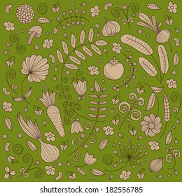 Vector pattern of seamless background with vegetables, mushroom and flowers