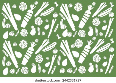 Vector pattern of seamless background with vegetables, traditional botanical illustrations