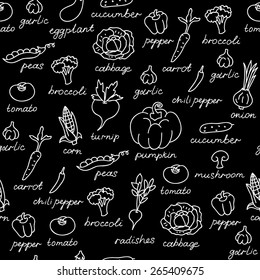 Vector pattern of seamless background with vegetables. Vector hand drawn doodle background.