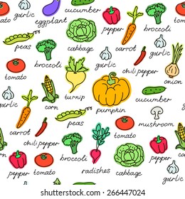 Vector pattern of seamless background with vegetables. Vector hand drawn doodle background.