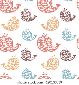 Vector pattern seamless. Vector background with whales and fish. The pattern of the sea. A child's drawing.