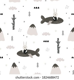 Vector pattern Seamless cartoon background with a rabbit driving a plane. Lovely design, hand drawn, used for print, fabric pattern, textile.