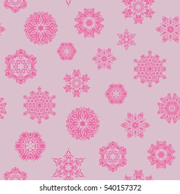 Vector pattern, seamless, Christmas background. Winter boarder. Vector Christmas snowflakes with doodles and dots on neutral background. Abstract border.