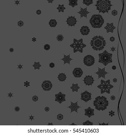 Vector pattern, seamless, Christmas background. Winter boarder. Abstract border. Vector Christmas snowflakes with doodles and dots on gray background.