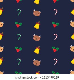 Vector pattern seamless cute deer and christmas decorations on blue background.