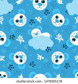 Vector pattern seamless. Cute mouse sleeping on the clouds on a blue background. For textiles, fabric, wrapping paper, Wallpaper, background, postcards.
