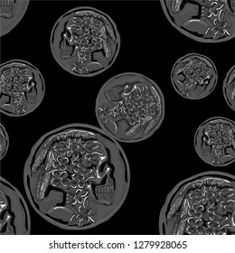 vector pattern seamless decorative graphic old coin with skull head with flowers and Feathers nice for Halloween party, Day of the Dead Game, tattoo design, book illustration, baby room wallpaper 