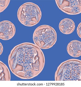 vector pattern seamless decorative graphic old coin with skull head with flowers and Feathers nice for Halloween party, Day of the Dead Game, tattoo design, book illustration, baby room wallpaper 