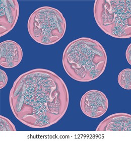 vector pattern seamless decorative graphic old coin with skull head with flowers and Feathers nice for Halloween party, Day of the Dead Game, tattoo design, book illustration, baby room wallpaper 