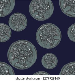 vector pattern seamless decorative graphic old coin with skull head with flowers and Feathers nice for Halloween party, Day of the Dead Game, tattoo design, book illustration, baby room wallpaper 