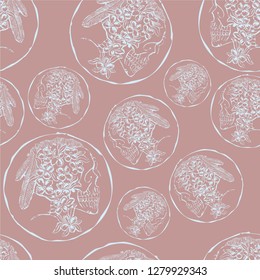 vector pattern seamless decorative graphic old coin with skull head with flowers and Feathers nice for Halloween party, Day of the Dead Game, tattoo design, book illustration, baby room wallpaper 