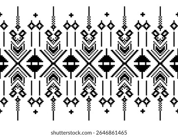vector pattern, seamless ethnic pattern, pixel embroidery and folk symbols, geometric, black and white tones, textile and fashion clothing, from traditional Eastern European culture and needlework.