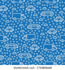 vector pattern seamless  сhildren fabric pattern cartoons cartoon clouds car bus cute on blue background