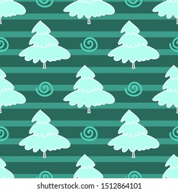 Vector pattern seamless with fir trees on a green background. For textile, background, wrapping paper, postcards, fabric, Christmas pajamas.