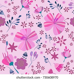 vector pattern seamless flowers buds, blue,  pink, purple