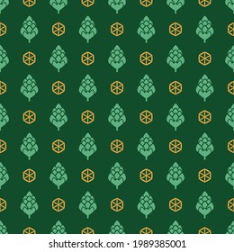 vector pattern seamless of hops and box frames, with a composition of light green, dark green and gold