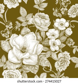 Vector pattern. Seamless natural texture with blossom garden flowers peonies, roses, pansies, carnations, magnolia. Hand drawn. Vintage. Victorian style.
