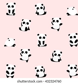 Vector Pattern: Seamless panda bear pattern on light pink background, panda with different gestures