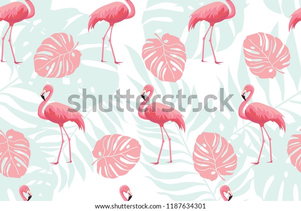 Vector Pattern Seamless Pink Flamingo Tropical Stock Vector