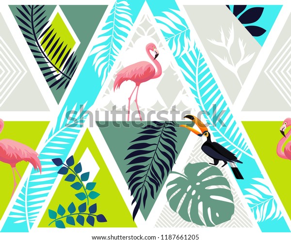 Vector Pattern Seamless Pink Flamingo Tropical Stock Vector