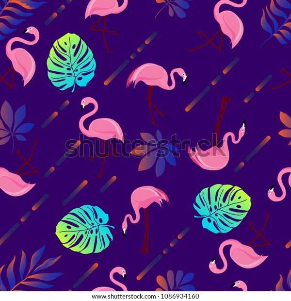 Vector Pattern Seamless Pink Flamingos Tropical Stock Vector