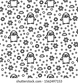vector pattern seamless snowflakes cute penguins coloring book  black and white background
