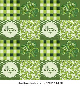 Vector Pattern Seamless for St. Patrick's Day. Ornamental Shamrock. Fabric in a cage. Patchwork.