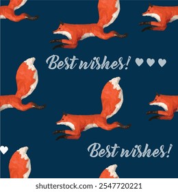 Vector pattern for seamless texture for gift wrapping. Foxes and inscription with hearts. Vector illustration