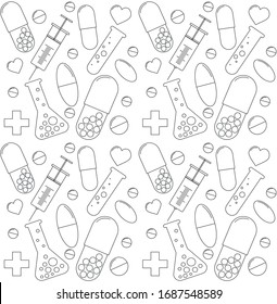 Vector pattern seamless texture with linear isolated icons of pills and medical flasks