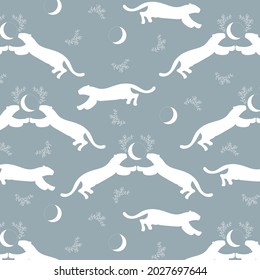 Vector pattern seamless of two tigers, a month and tree branches. Black outline. Doodle. Hand-drawn. Design of posters, postcards, invitations, decor, tattoos, prints, logos, textiles, fabrics.