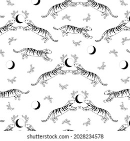 Vector pattern seamless of two tigers, a month and tree branches. Black outline. Doodle. Hand-drawn. Design of posters, postcards, invitations, decor, tattoos, prints, logos, textiles, fabrics.