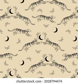 Vector pattern seamless of two tigers, a month and tree branches. Black outline. Doodle. Hand-drawn. Design of posters, postcards, invitations, decor, tattoos, prints, logos, textiles, fabrics.