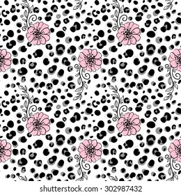 vector pattern, seamless wallpaper with decorative picture leopard fur with flowers