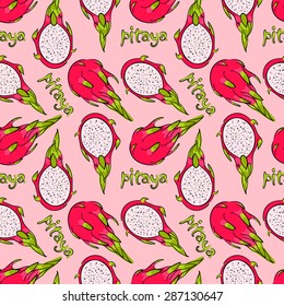 vector pattern, seamless wallpaper with the image of an exotic fruit pitaya