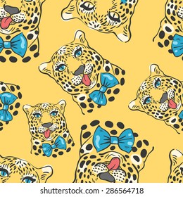 vector pattern, seamless Wallpaper with a picture of the muzzle of the leopard with protruding tongue, bow tie