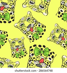 vector pattern, seamless Wallpaper with a picture of the muzzle of the leopard with protruding tongue, bow tie