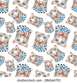 vector pattern, seamless Wallpaper with a picture of the muzzle of the leopard with protruding tongue, bow tie