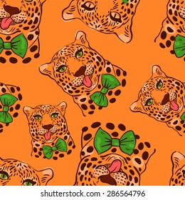 vector pattern, seamless Wallpaper with a picture of the muzzle of the leopard with protruding tongue, bow tie
